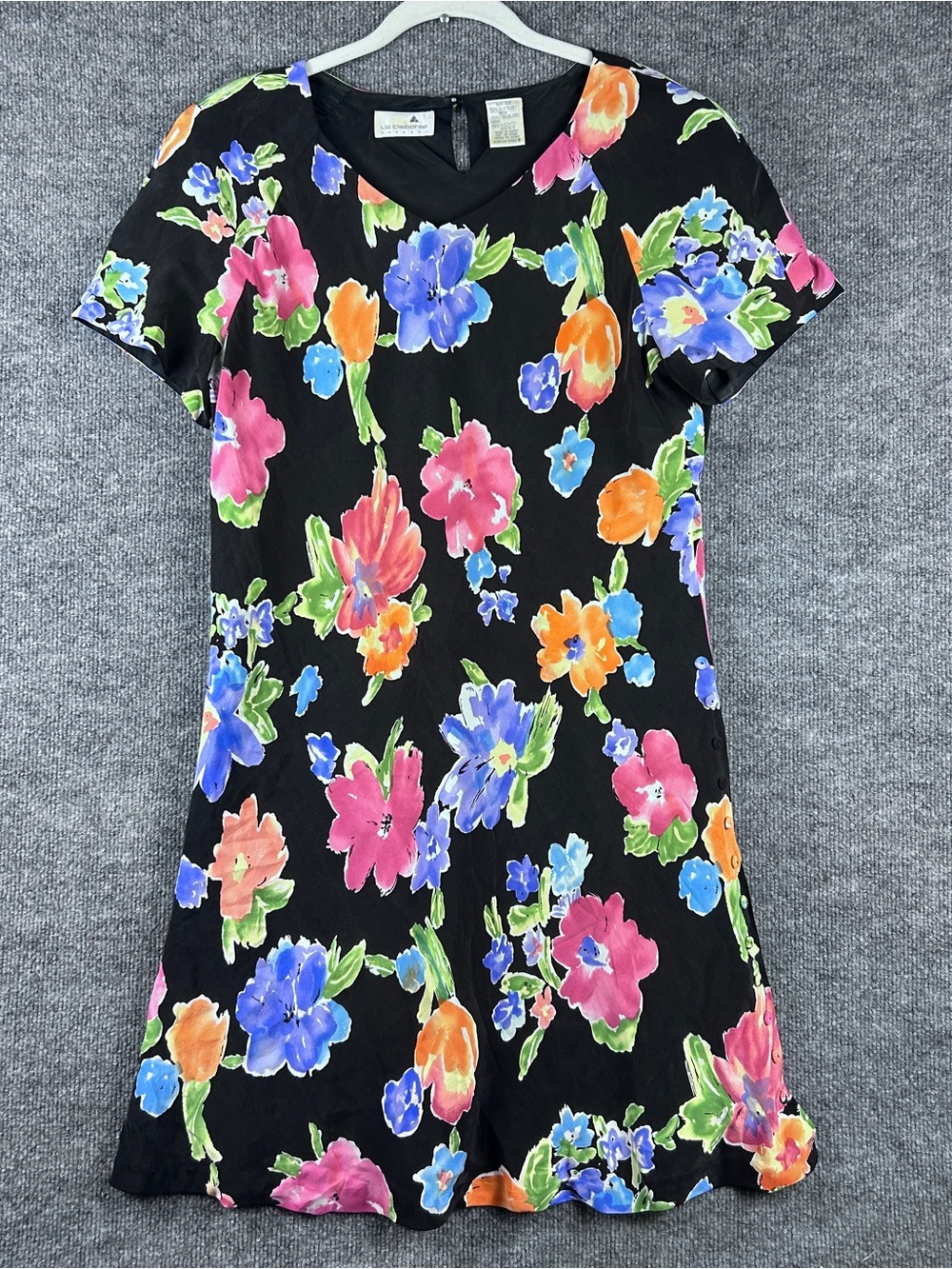 Vintage Liz Claiborne Black Multicolor Floral 100% Silk Shift Dress Size 12